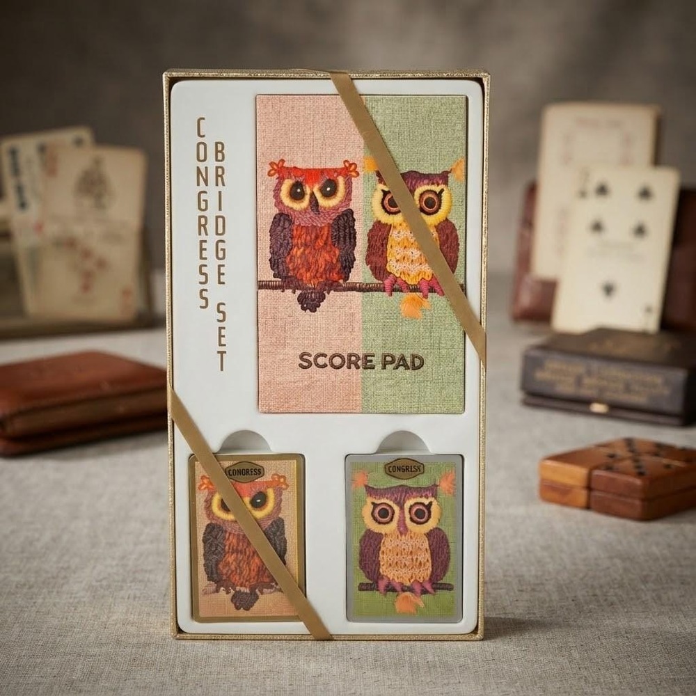 Vintage Congress Bridge Set Owl Double Deck Playing Cards & Score Pad 1970s NOS